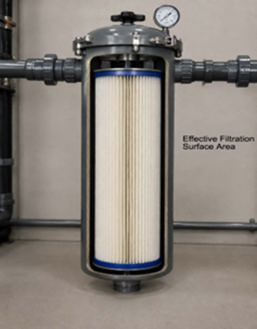 A cross-section of a commercial pool filter, showing the filtration surface area. The filter is housed in a tube-like housing with a pressure gauge on top of the lid.