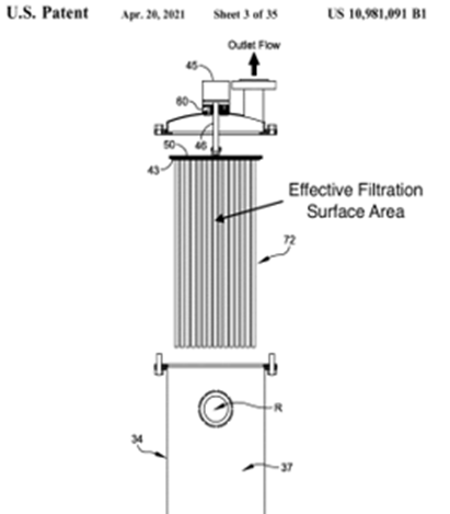 A US patent drawing showing the effective filtration service area in a commercial pool filter.