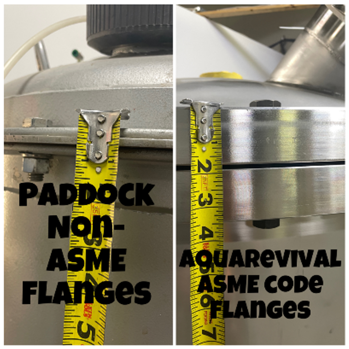 Side-by-side images show a Paddock non-ASME tank and an AquaRevival tank with flanges up to ASME code standards.